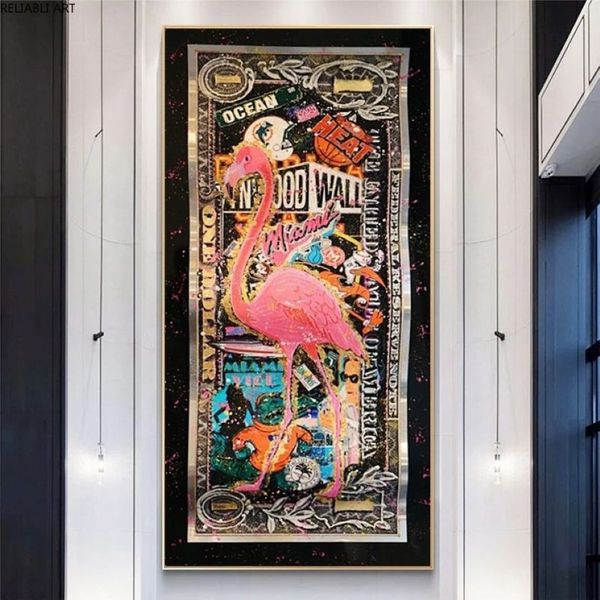 Graffiti-Flamingo auf goldenem Dollar, abstrakte Kunstdrucke, Geldbilder auf Leinwand, Wandgemälde für Wohnzimmer, Heimdekoration, Posters239B