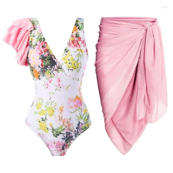Damenbadebekleidung Einteiler Swinsuit Frauen 2024 Badebekleidung Rüschen Vintage Bikini Mesh Strandrock Set Print Spandex Badeanzug Push Up
