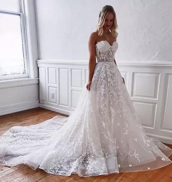 Vestidos de casamento de renda romântica de tule sexy querida sem costas 3d apliques lantejoulas longo verão praia boho vestidos de noiva plus size bc9059174