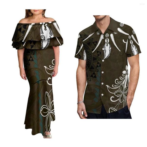 Vestidos de festa sexy senhora dupla camada babados fishtail vestido polinésio camisa masculina chique impressão casal roupas samoa tribo