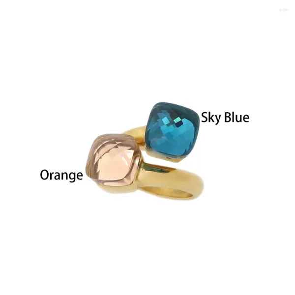 Anéis de Cluster JSBAO Chegadas Dupla Pedra de Vidro Aço Inoxidável Anel de Moda de Ouro Mulheres Laranja Céu Azul Cor para Jóias