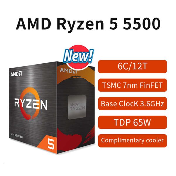 Novo processador amd ryzen 5 5500 r5 5500 box 3.6ghz 6-core cpu de 12 threads 7nm 65w l3 = 16m soquete am4