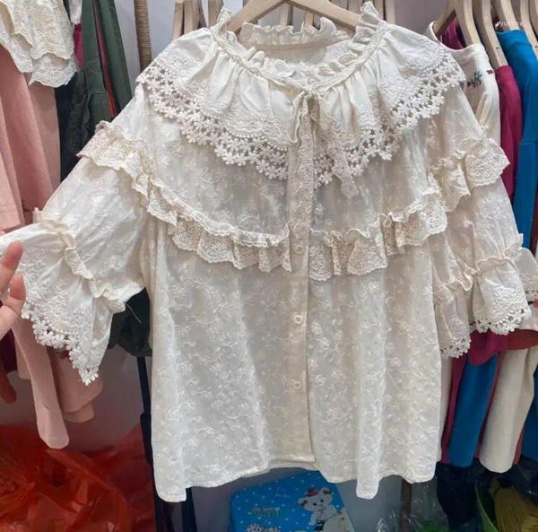 Blusas femininas doce bordado plissado algodão blusa mori menina rendas até kawaii lolita princesa camisa solta ampla boneca topos