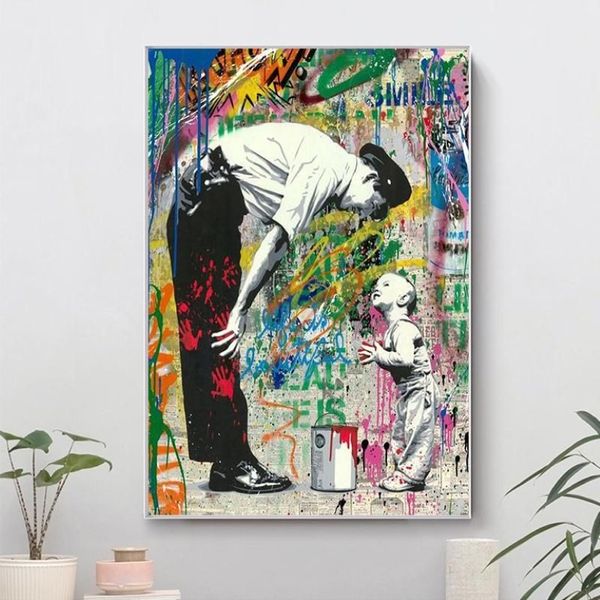 Gemälde Banksy und Junge Leinwand Graffiti Street Art Poster Drucke Wandbilder Cuadros für Wohnzimmer Home Decoration2374