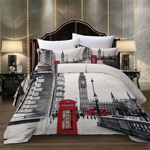 Парижская башня, лондонский городской пейзаж, Биг-Бен, красная телефонная будка, комплект постельного белья с принтом автобуса, одеяло, пододеяльник, наволочка, размер США, АС, ЕС 2012249B