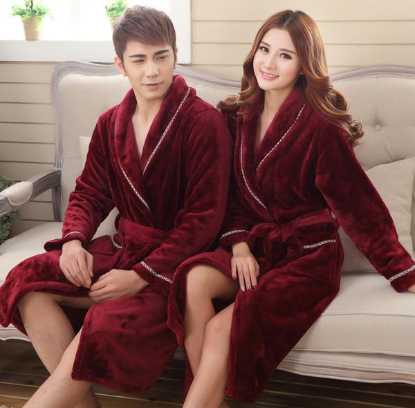 Kış Kalın Sıcak Kadın Mercan Polar Kimono Robe Lovers Çift Nightgown Banyo Elbise Pleavwear Erkekler Büyük Nightwear M L XXL 3XL8277679