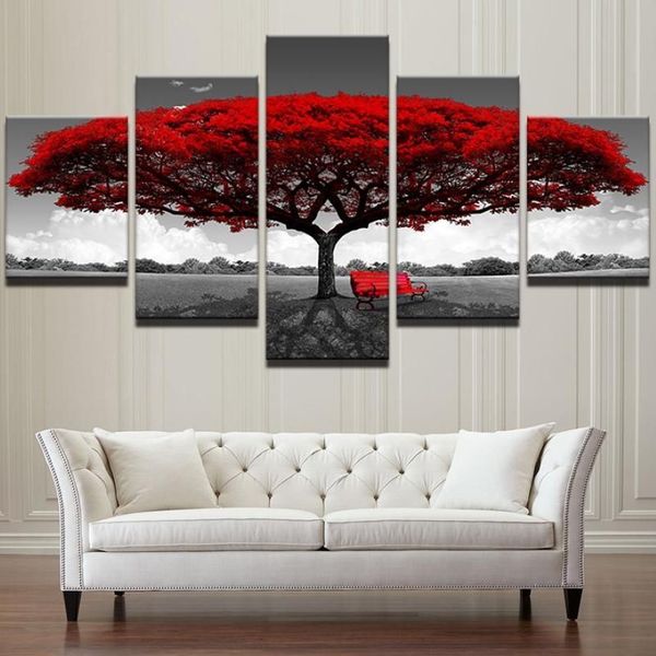 Lona modular hd imprime cartazes decoração de casa arte da parede fotos 5 peças arte da árvore vermelha cenário pinturas paisagem framework283y