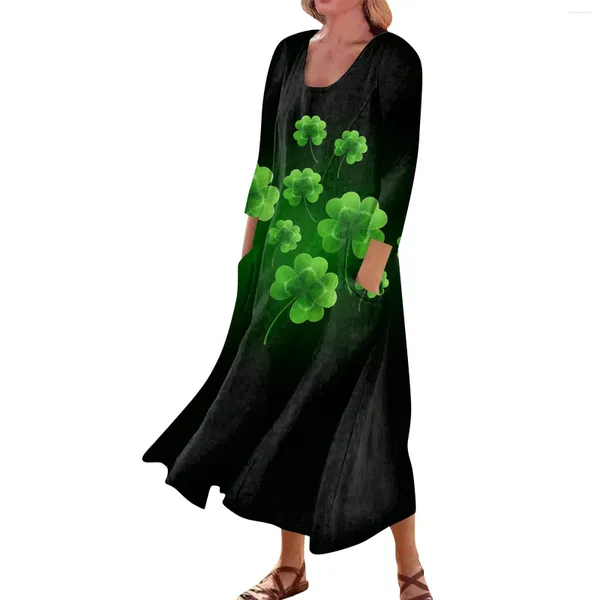 Lässige Kleider für Damen, elegant, St. Patrick's Day, bedruckt, in der Mitte der Wade, für Damen, Rundhalsausschnitt, 3/4-Ärmel, Damenkleider, Vestidos Largos