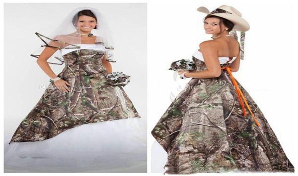 Elegante Strapless Camo Vestidos de Noiva Cetim Tule Espartilho Lace Up Camuflagem Vestido de Noiva Country Cowgirls Vestidos de Noiva Varrer T2174878