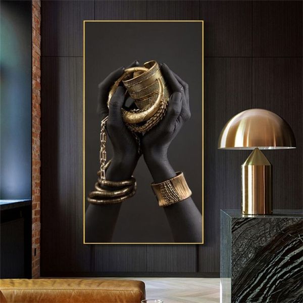 Stampa a mano di donna nera su tela pittura gioielli in oro poster e stampe Cuadros immagini di arte della parete africana decorazione della casa Mu247R