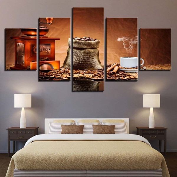 Moderna decoração de casa fotos em tela hd imprime 5 peças grãos de café pintura café aroma copo cartaz restaurante arte da parede sem moldura2713