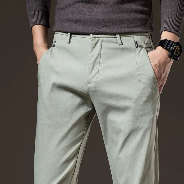 Primavera dos homens magro calças casuais elástico algodão suave respirável moda coreano negócios trabalho calças preto cáqui verde 240305