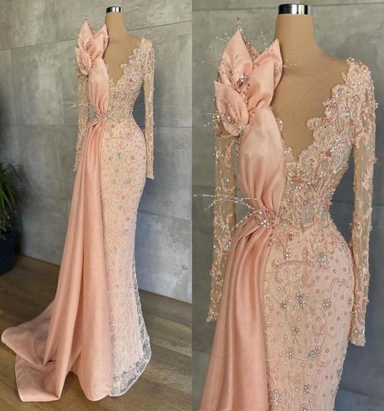 Pêssego rosa manga longa vestidos formais de baile 2022 renda brilhante frisada ilusão manga longa sereia aso ebi africano vestido de noite5903004