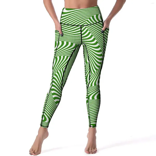 Damen-Leggings, grüner Kurvendruck, sexy Wirbellinien, Fitness-Yoga-Hose, hohe Taille, dehnbar, Sport-Leggings, Taschen, lässige grafische Leggins