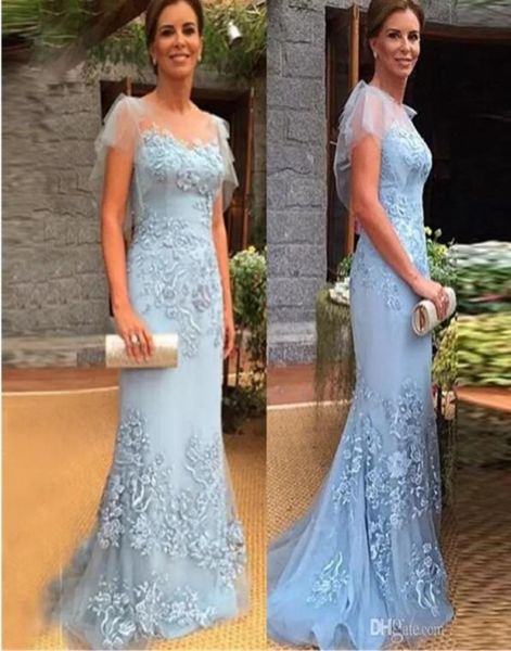 Abiti eleganti per la madre della sposa Collo trasparente Berretto in tulle Guaina con manicheColonna di abito da sera Blu Applique in pizzo Lungo Madre0393365635