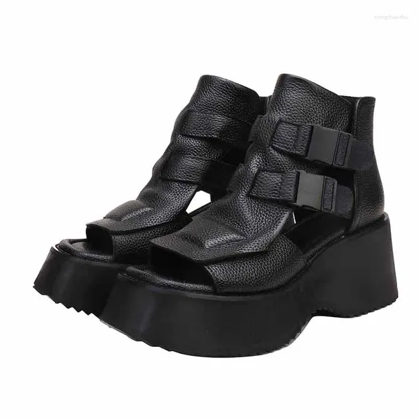 Sapatos de vestido Peep Toe Wedges Plataforma Sandálias Sólidas Cinto Fivela Mulheres Costura Decoração Sexy Estilo Sandalias Marca de Lujo