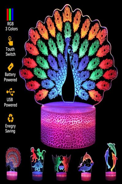 3D-Nachtlichter, bunt, 3 Acrylplatten, mehrere Formen, LED-Sockellampe, Spielmusik, Basketball, Pfau, Tierliebe, Licht für Kinder, Geschenk 3347194