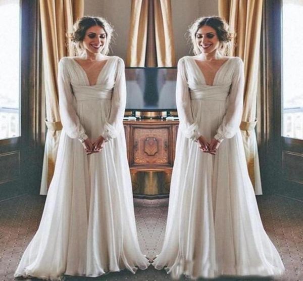 2019 Satış Boho Gelinlik Uzun Kollu Mütevazı V Boyun Şifon İmparatorluğu Doğum Kadınları Gelin Gowns Yunan Stil8923616