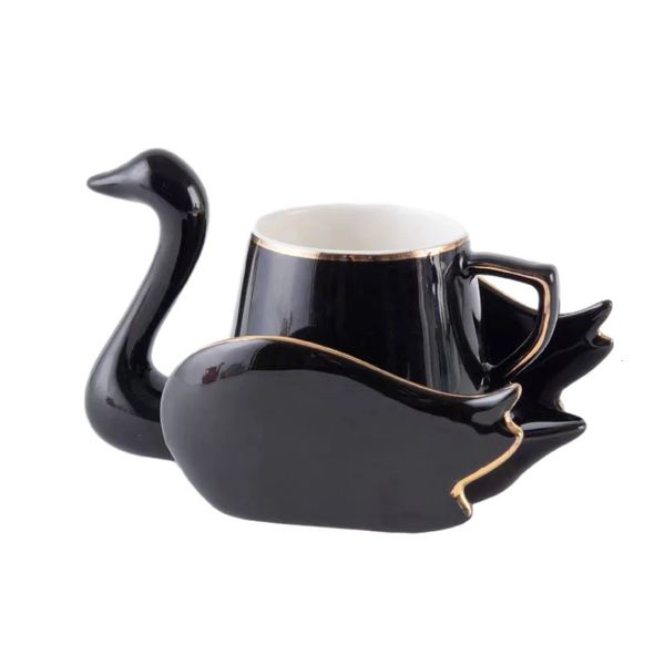 Swan Luxus-Kaffeetasse-Untertassen-Set aus Keramik mit Hand und Teller, Milchtee, Cappuccino-Geschirr, 110 ml, Geburtstagsgeschenke für Paare, 240307
