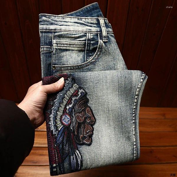 Jeans masculinos homens bordado estiramento moda high-end slim fit tornozelo-amarrado na moda scratch street calças casuais