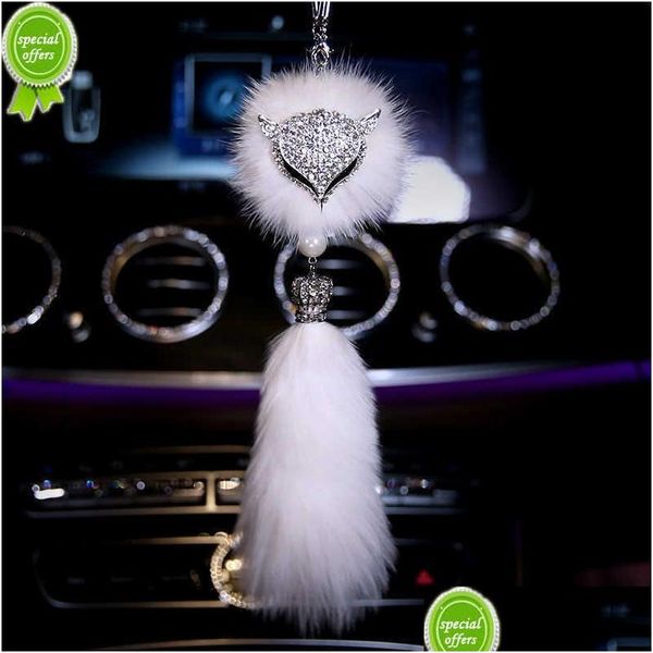 Outros acessórios interiores nova moda diamante cristal carro pingente decoração espelho retrovisor pendurado ornamentos de pele de raposa estilo interi dhzps