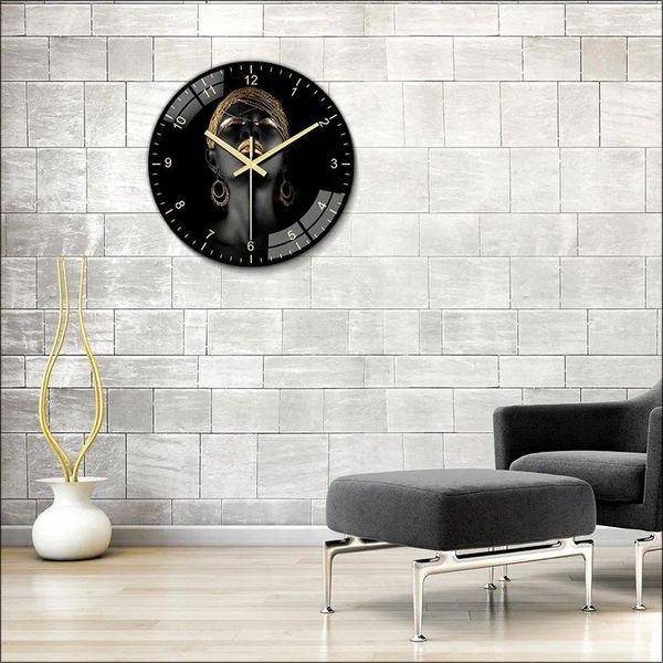 Relógios de parede Africano Dourado Feminino Arte Relógio Moda Silencioso Quartzo Cor Sólida Decoração de Casa Presentes de Família 12 polegadas Digital