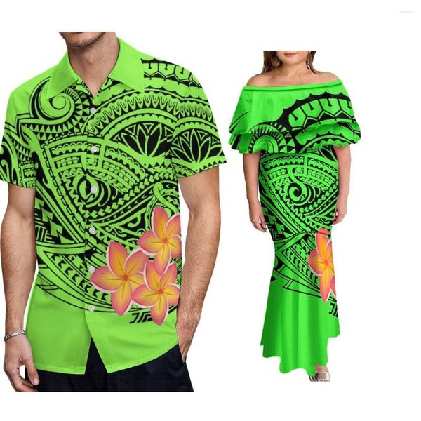 Partykleider Polynesian Sommer Paar Hawaii Frauen Sexy Fischschwanz Kleid Samoa Männer Wellenhemd Lotusblatt Saum Boden Weicher langer Rock