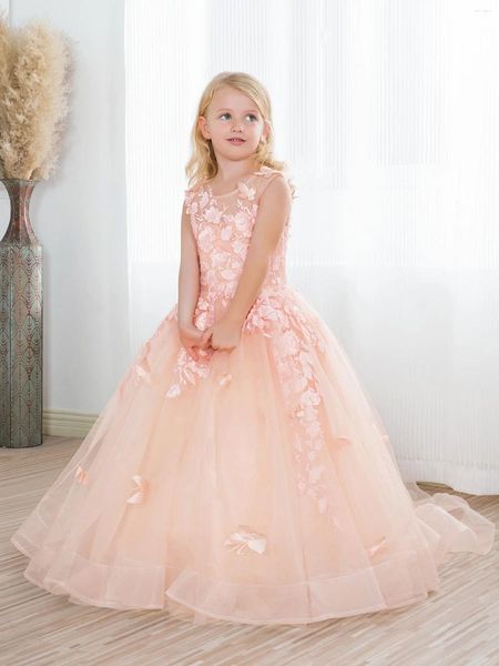 Vestidos da menina vestido de flor rosa para casamento sem mangas o-pescoço tule inchado com borboleta modelado festa de aniversário princesa vestido de baile