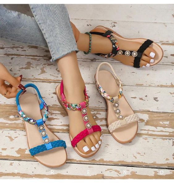 Kleidschuhe 2024 Sommer Damen Regionaler Stil Bedrucktes Gummiband Leichte römische Sandalen