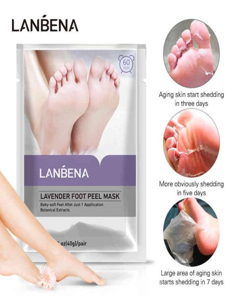 Lanbena lavanda pé casca máscara esfoliante pés peeling remendos pedicure cuidados com os pés máscara remover cutículas da pele morta calcanhar um par 4066005