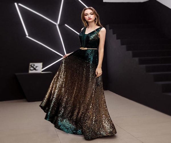 Novidade vestidos de noite sem mangas com decote em v vestido de baile clássico vestido formal longo renda verde escuro lantejoulas douradas estilo rendado 20217692298