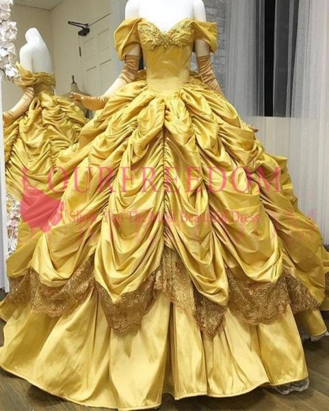 2019 Splendidi abiti Quinceanera gialli con spalle scoperte Abito da ballo in taffetà principessa con volant Gonna dolce 16 18 Abiti da ballo Custom7949443