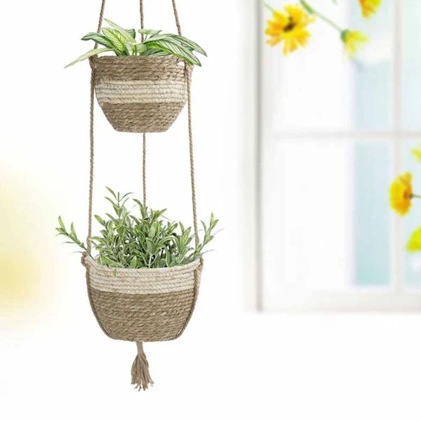 Cestas jardinagem planta verde pendurado cesta dupla camada palha flor pote titular varanda decoração planta cabide decoração para casa suprimentos