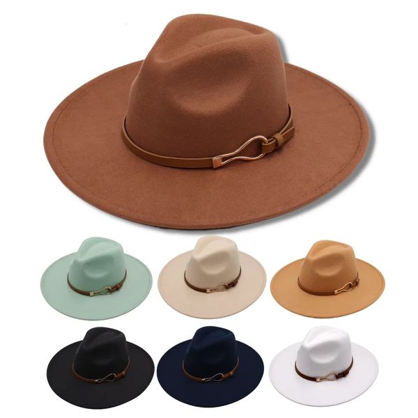 9,5 cm große, breite Krempe, klassischer Fedora-Hut, Unisex, Wollfilzhut, britischer Gürtel, Jazz-Männerhut, Herbst-Winter-Frauen-Trilby-Kleiderhut 240301