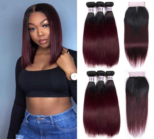 Cabelo humano reto 1b99j vinho tinto ombre tece 4x4 parte intermediária e parte fechamento de renda com 3 peças pacotes pré-coloridos não remy3748321