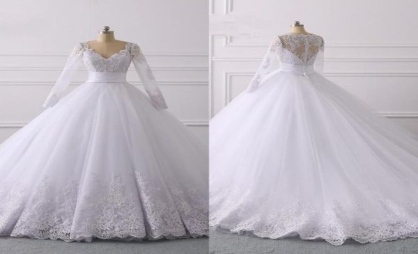 2022 Abito da sposa vita impero con maniche lunghe poeta classico scollo a V pizzo applique perline nastro di paillettes pieghe da sposa Dre2319386