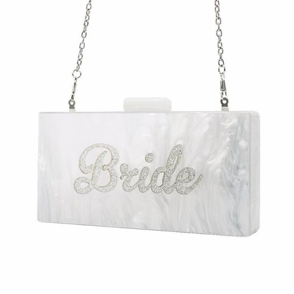 Borse da sera Bianco perla con glitter argento Nome Sposa Scatola in acrilico Pochette Borse da donna Moda Fatta a mano Claps Pochette da spiaggiaEv223q