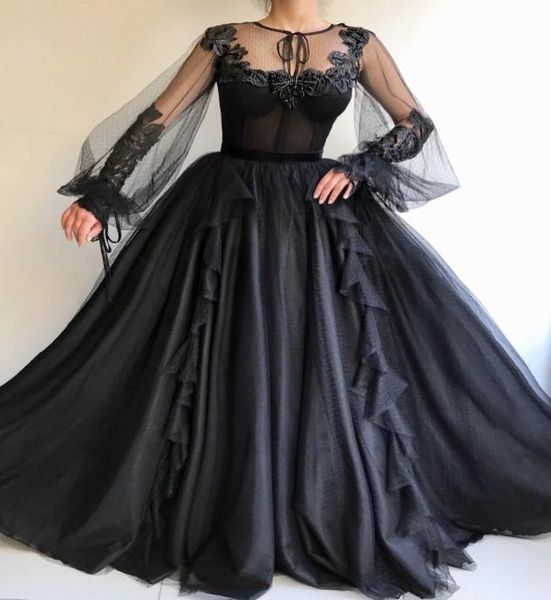 2019 Schwarze Gothic-Brautkleider mit langen Ärmeln, Ballkleid, nicht weiß, schwarze Brautkleider für nicht traditionelle Hochzeiten, nach Maß 5374706