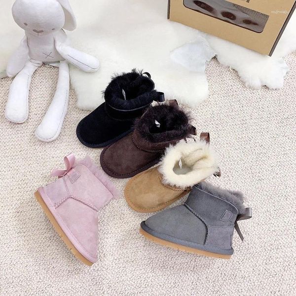 Stiefel Baby Schnee Kinder Winter Warme Echtes Leder Knöchel Schuhe mit Schleifen Kinder Skir Schuhe Schaffell