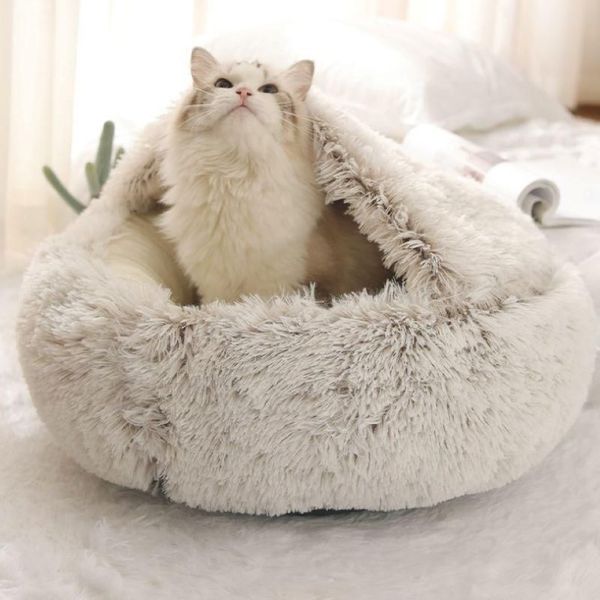 Camas de gato móveis inverno 2 em 1 cama redonda quente pet house longo pelúcia cão saco de dormir sofá almofada ninho para cães pequenos gatos kitt319q