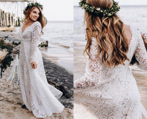 Império laço vestido de casamento 2023 boho vneck sem costas manga longa praia vestidos de noiva plus size vestidos de noiva 6102961