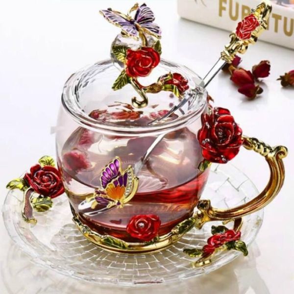 Tassen Rote Rose Emaille Glas Kaffee Teetassen und handgemachte hitzebeständige Gläser Wasserbecher Trinkgeschirr Liebhaber Geschenk Hochzeit309F
