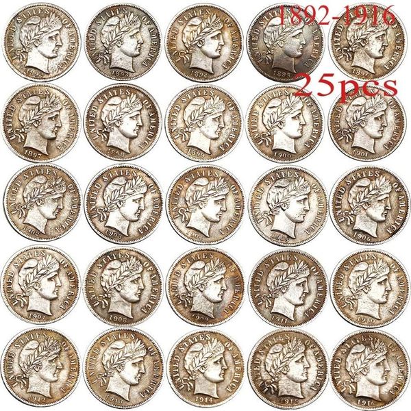 25 pezzi USA copia moneta 1892-1916 Barbiere Dime Anni diversi Monete d'argento placcatura in rame Set288n