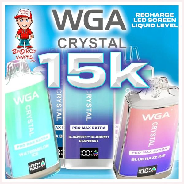 Новый грядущий Crystal WGA Pro Max Extra 15000 15K Puffs Ondayable E Vape-стиль-стиль-E-сигарета 12K 15K 20K Puff Bar 5% Никотин 25 мл Предварительный E-сигаретный экран дисплея