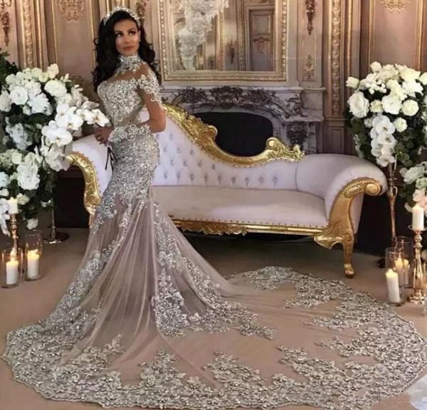 Dubai árabe luxo brilhante 2019 vestidos de casamento sexy bling frisado renda applique alta pescoço ilusão mangas compridas sereia vintage b9421561