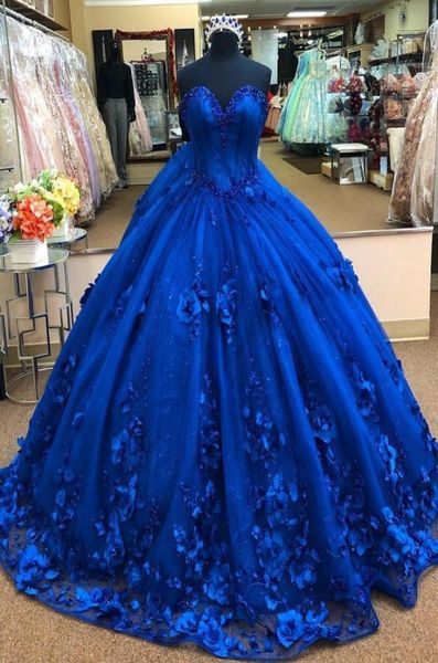 2021 Royal Blue 3D Floral Flores Vestido de Baile Quinceanera Vestidos de Baile Pérolas Querida Princesa Noite Vestidos Formais Doce 16 Vest4021220