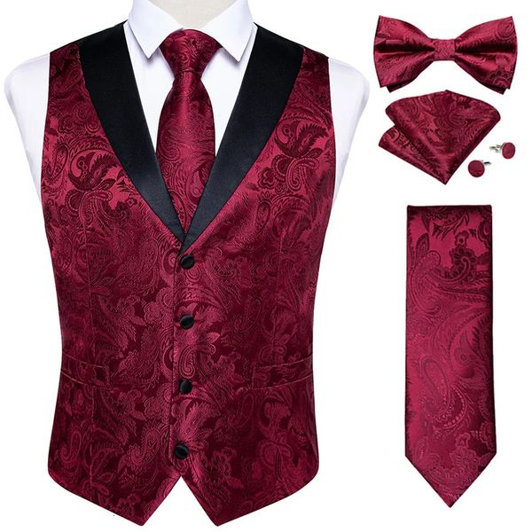 Mode Rote Paisley Herren Weste Smoking Kleid Zubehör Luxus Slim Fit Weste für Mann Fliege Krawatte Taschentuch Manschettenknöpfe 240301
