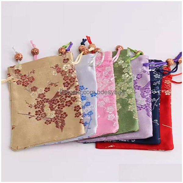 Bolsas de jóias sacos de embalagem display dstring para mulheres menina armazenamento chinês flor de seda bordado pulseira pingente colar gota de dh8tx