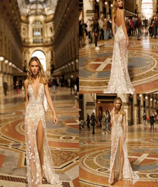 Muse By Berta Denizkızı Gelinlik Spagetti Kayışları Yüksek Yan Bölünmüş Dantel Sırtsız Gelinlikler Süpürme Tren Beach Vestidos De No6061009