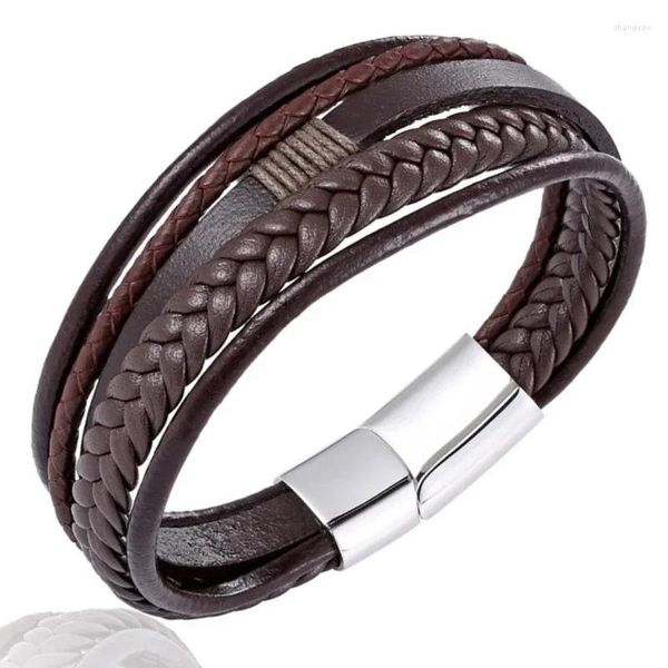 Bracciale rigido da uomo classico alla moda, in corda di cuoio, intrecciato, etnico, punk, con fibbia magnetica in metallo